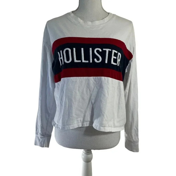 Hollister Boyfriend Tee White Red Navy Striped Embroidered Logo Size XS Crewneck - Picture 1 of 10